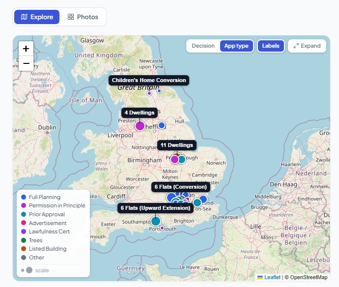 The project map, with a company's planning applications plotted and labelled across the country