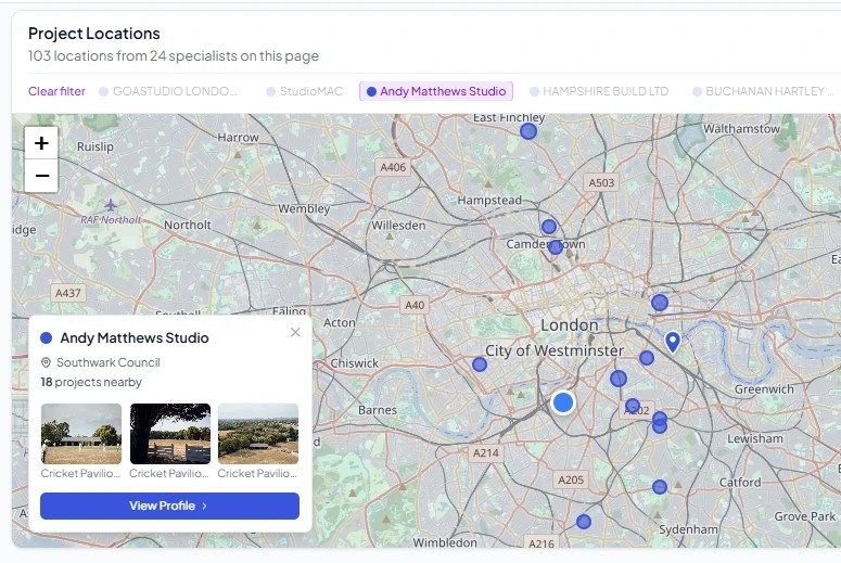 A directory search showing the companies with projects in the area, one of them selected with its own project pins and photographs